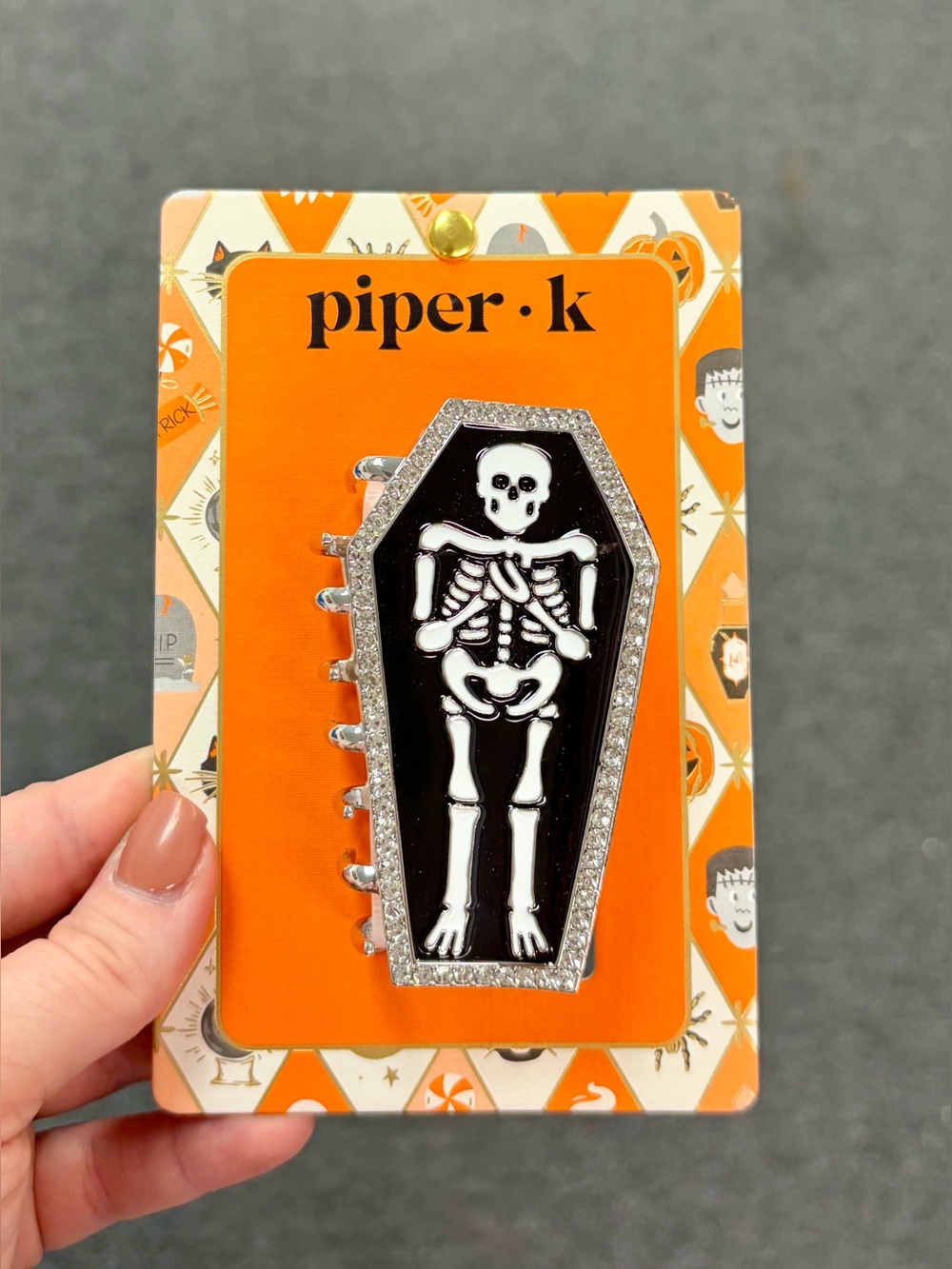 Piper K Black Skeleton Coffin Hair Clip with Silver Rhinestone Trim